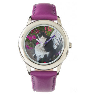 Tuxedo Cat Maroon Dark Pink Cats and Flowers Watch