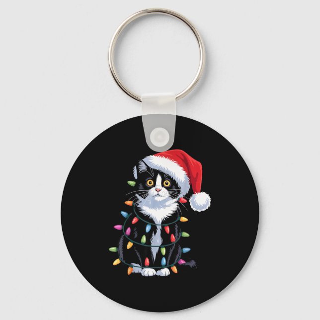 Tuxedo Cat Meow Santa Tuxie Christmas Tree  Key Ring (Front)