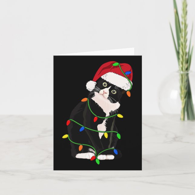 Tuxedo Cat Meow Santa Tuxie Christmas Tree Lights  Card (Front)
