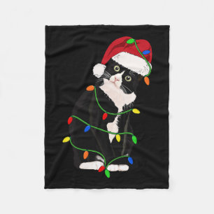 Tuxedo Cat Meow Santa Tuxie Christmas Tree Lights  Fleece Blanket