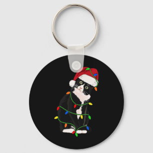 Tuxedo Cat Meow Santa Tuxie Christmas Tree Lights Key Ring