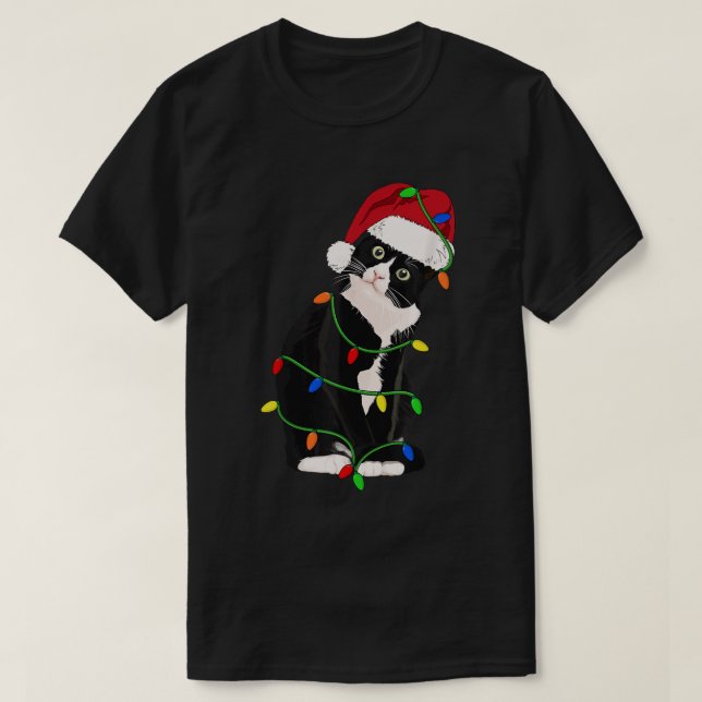 Tuxedo Cat Meow Santa Tuxie Christmas Tree Lights  T-Shirt (Design Front)