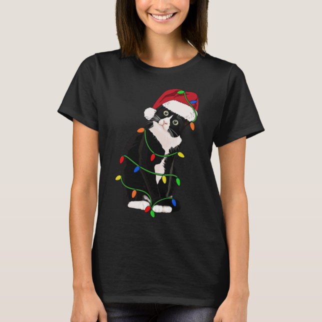 Tuxedo Cat Meow Santa Tuxie Christmas Tree Lights  T-Shirt (Front)