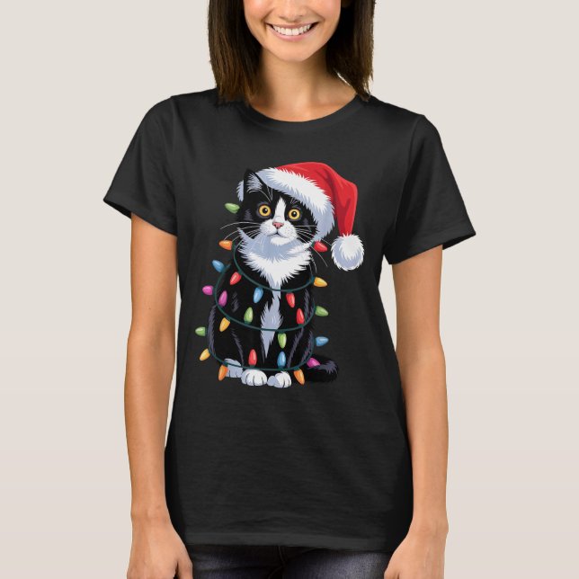 Tuxedo Cat Meow Santa Tuxie Christmas Tree  T-Shirt (Front)
