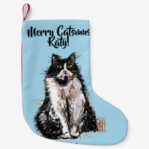 Tuxedo Cat Merry Catsmus Blue Christmas Stocking