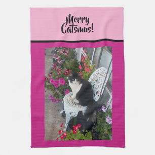 Tuxedo Cat Merry Catsmus Pink Christmas Cats Tea Towel