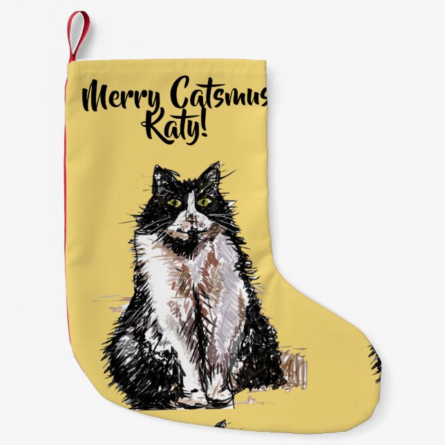 Tuxedo Cat Merry Catsmus pink Christmas Stocking (Front)