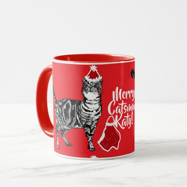 Tuxedo Cat Merry Catsmus Red Christmas Mug (Front Left)