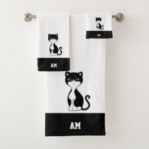 Tuxedo Cat & Monogram on Black & White Bath Towel Set