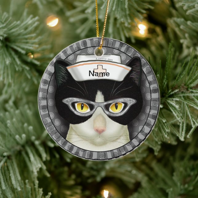 Tuxedo cat nurse  ceramic tree decoration (Tree)
