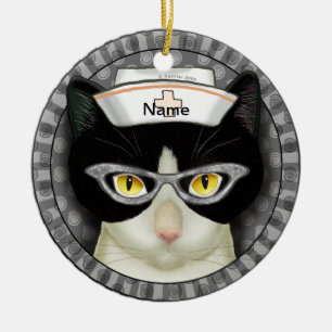 Tuxedo cat nurse  ceramic tree decoration
