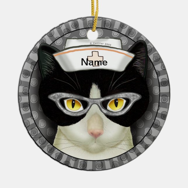 Tuxedo cat nurse  ceramic tree decoration (Front)