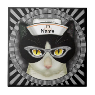 Tuxedo cat nurse tile