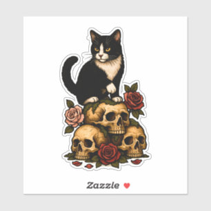 Tuxedo Cat of the Crypt – Roses and Skulls