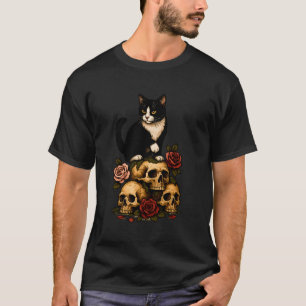 Tuxedo Cat of the Crypt – Roses and Skulls T-Shirt