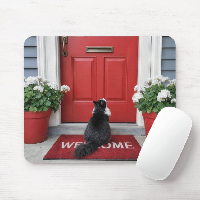 Tuxedo Cat on a Red Welcome Doormat Mouse Mat (With Mouse)