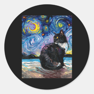 Tuxedo Cat On Beach Starry Night Impressionist Art Classic Round Sticker
