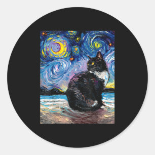 Tuxedo Cat On Beach Starry Night Impressionist Art Classic Round Sticker