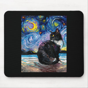 Tuxedo Cat On Beach Starry Night Impressionist Art Mouse Mat