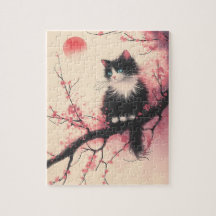 Tuxedo Cat on Cherry Blossom Japanese Aesthetic