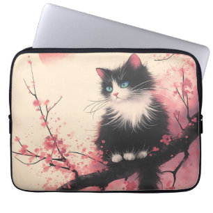 Tuxedo Cat on Cherry Blossom Japanese Aesthetic Laptop Sleeve