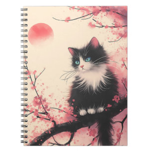 Tuxedo Cat on Cherry Blossom Japanese Aesthetic Notebook