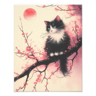 Tuxedo Cat on Cherry Blossom Japanese Aesthetic Photo Print