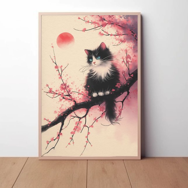 Tuxedo Cat on Cherry Blossom Japanese Aesthetic Poster (Creator Uploaded)