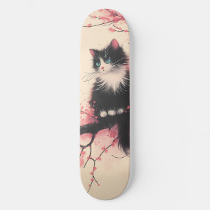 Tuxedo Cat on Cherry Blossom Japanese Aesthetic Skateboard