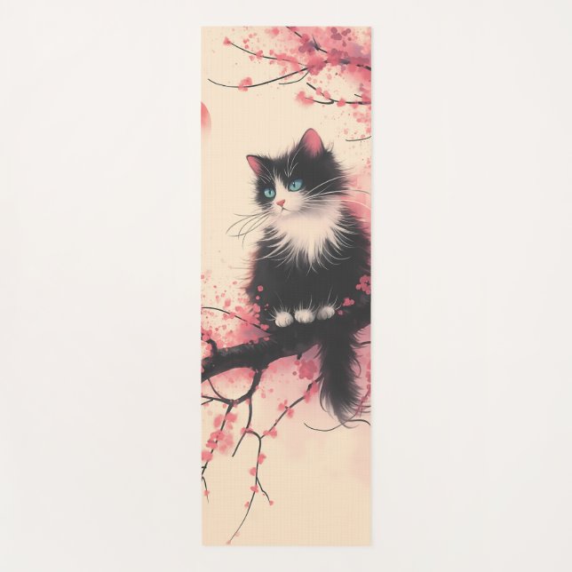 Tuxedo Cat on Cherry Blossom Japanese Aesthetic Yoga Mat (Front)