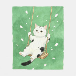 Tuxedo Cat on Swing Cat Lover Fleece Blanket