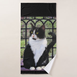 Tuxedo Cat Painting - Cute Original Cat Art Bath Towel Set