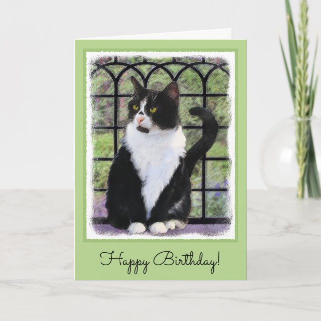 Tuxedo Cat Painting - Cute Original Cat Art Card (Front)