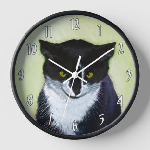 Tuxedo Cat Painting - Cute Original Cat Art Clock