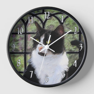 Tuxedo Cat Painting - Cute Original Cat Art Clock