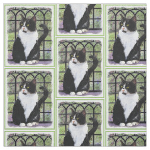 Tuxedo Cat Painting - Cute Original Cat Art Fabric