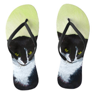Tuxedo Cat Painting - Cute Original Cat Art Flip Flops