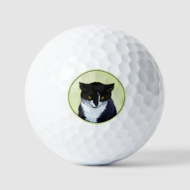 Tuxedo Cat Painting - Cute Original Cat Art Golf Balls (Front)