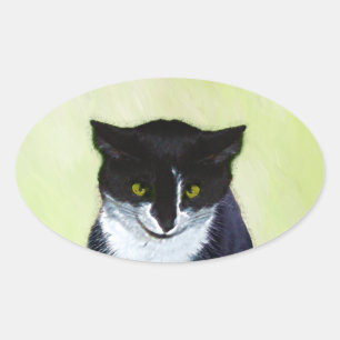 Tuxedo Cat Painting - Cute Original Cat Art Oval Sticker