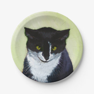 Tuxedo Cat Painting - Cute Original Cat Art Paper Plate