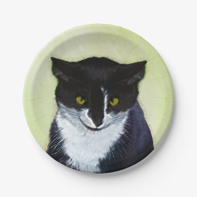 Tuxedo Cat Painting - Cute Original Cat Art Paper Plate (Front)