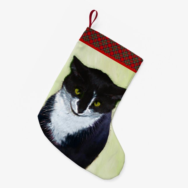Tuxedo Cat Painting - Cute Original Cat Art Small Christmas Stocking (Front (Hanging))