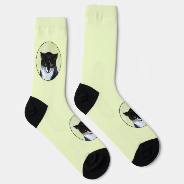 Tuxedo Cat Painting - Cute Original Cat Art Socks (Right)