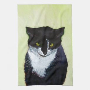 Tuxedo Cat Painting - Cute Original Cat Art Tea Towel