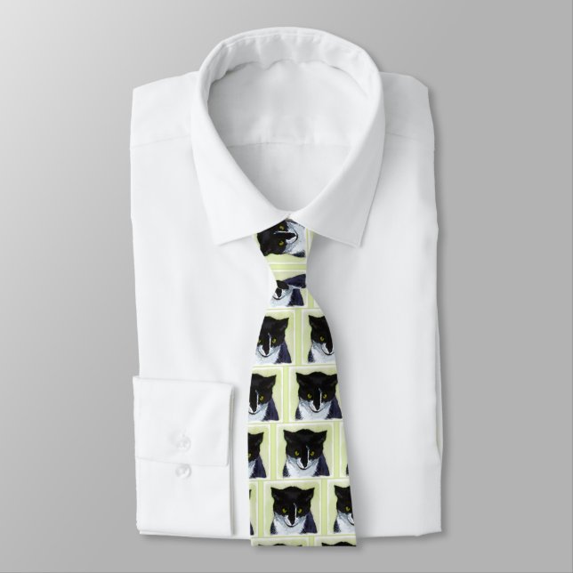 Tuxedo Cat Painting - Cute Original Cat Art Tie (Tied)