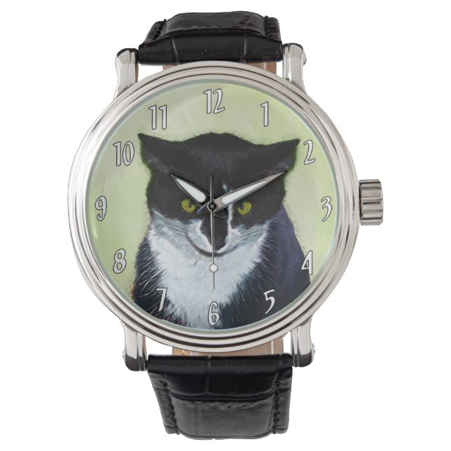 Tuxedo Cat Painting - Cute Original Cat Art Watch (Front)