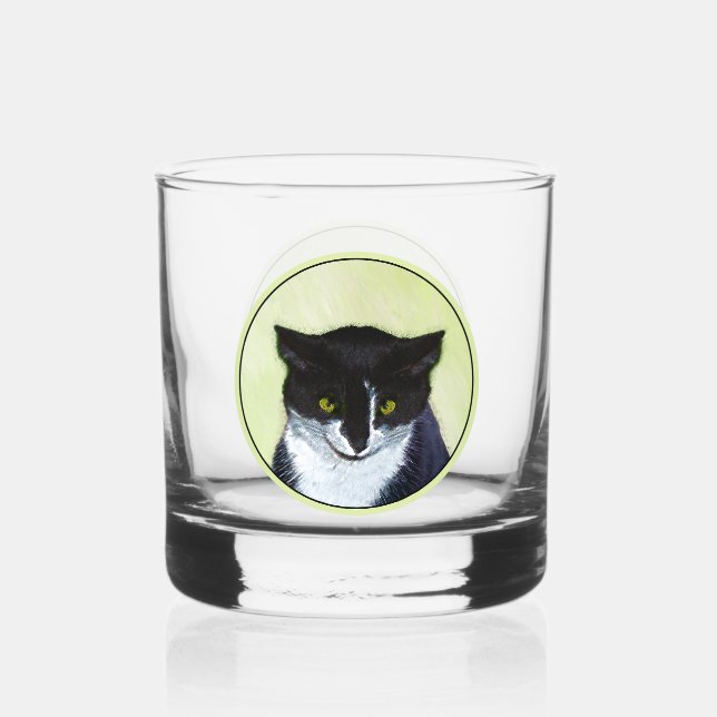 Tuxedo Cat Painting - Cute Original Cat Art Whiskey Glass (Front)