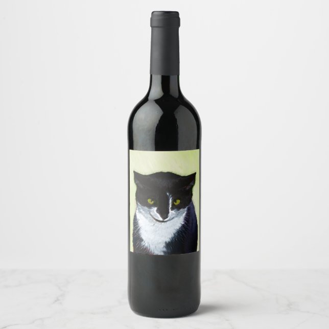 Tuxedo Cat Painting - Cute Original Cat Art Wine Label (Front)