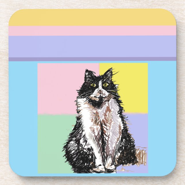 Tuxedo Cat Pastel Colors Pink Girls Name Coaster (Front)