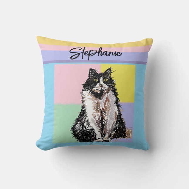 Tuxedo Cat Pastel Colors Pink Girls Name Cushion (Front)